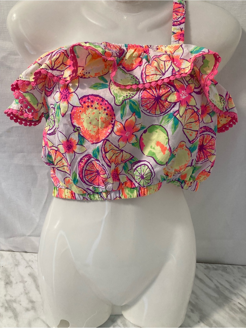 Tommy Bahama Pink Floral Ruffle One Shoulder Crop Top Y2K M